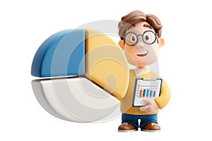 analyst character holding a pie chart segment