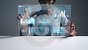 Analyst Interacting with a Futuristic Data Interface