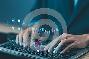 analyst manages the system database and shows a dashboard chart on the computer. concept analysis data plan, analytics business,