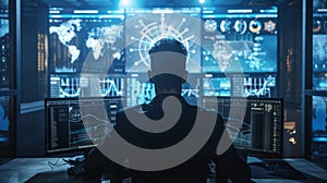 Analyst Monitoring Data on Multiple Screens at Night