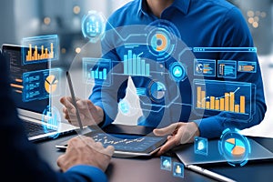 An analyst uses a computer and dashboard for data business analysis and data management system, customers database