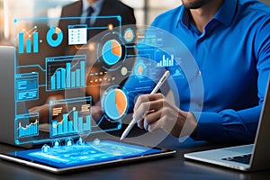 An analyst uses a computer and dashboard for data business analysis and data management system, customers database