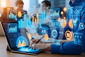 An analyst uses a computer and dashboard for data business analysis and data management system, customers database