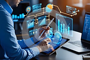 An analyst uses a computer and dashboard for data business analysis and data management system, customers database