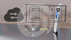 analyst uses a computer and dashboard for data business analysis and Data Management System with KPI and metrics