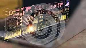 An analyst uses a computer and dashboard for data business analysis and a Data Management System with KPI and metrics connected to