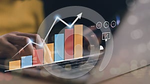 An analyst uses a computer and dashboard for data business analysis and a Data Management System with KPI and metrics connected to
