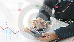 An analyst uses a computer and dashboard for data business analysis and a Data Management System with KPI and metrics connected to