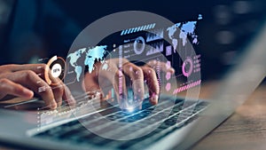 An analyst uses a computer and dashboard for data business analysis and a Data Management System with KPI and metrics connected to