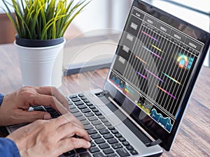 Analyst using Gantt chart for project management make report with KPI on laptop connected to database.