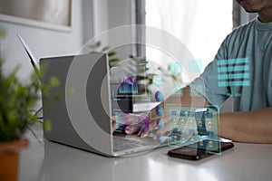 Analyst working with Business Analytics and Data Management System on computer, make a report with KPI and metrics connected to
