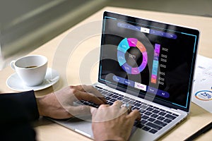 Analyst working with business analytics and data management system on computer, make a report with KPI and metrics connected to