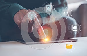 Analyst working with Business Analytics and Data Management System on computer, make a report with KPI and metrics