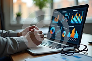 Analyst working with Business Analytics and Data Management System on computer, report with KPI and metrics connected to database