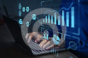 Analyst working with Business Analytics and Data Management System on computer to make report with KPI and metrics connected to