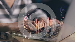 Analyst working with Business Analytics and Data Management System on computer to make report with KPI and metrics connected to