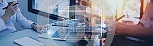 Analyst working with computer in Business Analytics and Data Management System to make report with KPI and metrics connected to
