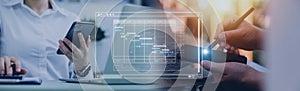 Analyst working with computer in Business Analytics and Data Management System to make report with KPI and metrics connected to