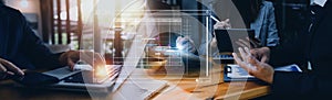 Analyst working with computer in Business Analytics and Data Management System to make report with KPI and metrics connected to