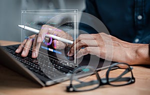 Analyst working with computer in Business Analytics and Data Management System to make report with KPI and metrics connected to