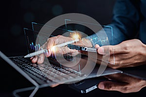 Analyst working with computer in Business Analytics and Data Management System to make report with KPI and metrics connected to