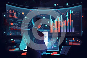 Analyst working with computer in Business Analytics and Data Management System to make report with KPI and metrics connected to