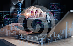 Analyst working with computer in Business Analytics and Data Management System to make report with KPI and metrics connected to