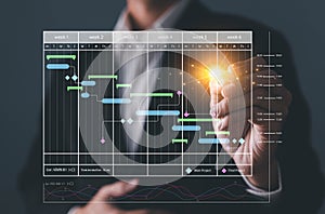 Analyst working with computer in Business Analytics and Data Management System to make report with KPI and metrics connected to