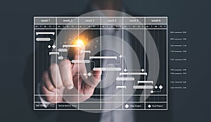 Analyst working with computer in Business Analytics and Data Management System to make report with KPI and metrics connected to