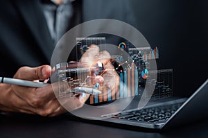 Analyst working with computer in Business Analytics and Data Management System to make report with KPI and metrics connected to