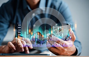 Analyst working with computer in Business Analytics and Data Management System to make report with KPI and metrics connected to