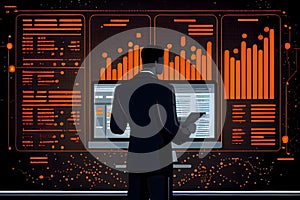 Analyst working with computer in Business Analytics and Data Management System to make report with KPI and metrics connected to