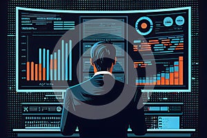 Analyst working with computer in Business Analytics and Data Management System to make report with KPI and metrics connected to