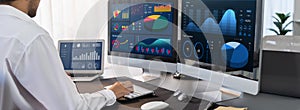 Analyst working on data analysis BI dashboard on computer monitor.Trailblazing