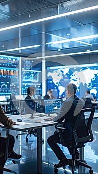 Analyst working with data on multiple monitors in a modern control room with global map displays