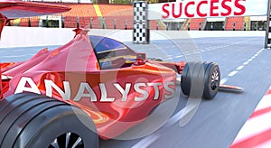 Analysts and success - pictured as word Analysts and a f1 car, to symbolize that Analysts can help achieving success and