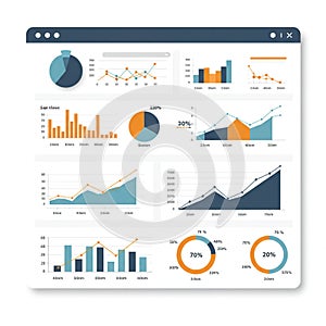 Analytical dashboard displaying various data visualizations: pie charts, line graphs,
