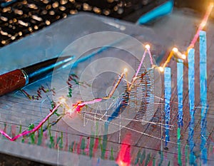 Analytical scrutiny of glowing stock graphs a close up on investment research and trends