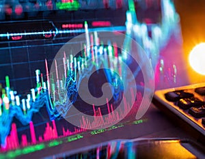 Analytical scrutiny of glowing stock graphs a close up on investment research and trends