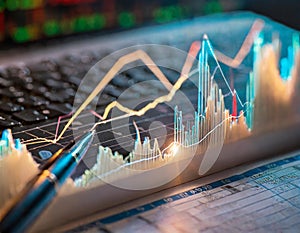 Analytical scrutiny of glowing stock graphs a close up on investment research and trends