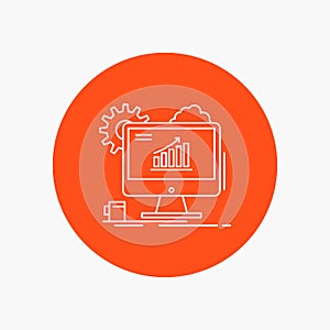Analytics, chart, seo, web, Setting White Line Icon in Circle background. vector icon illustration