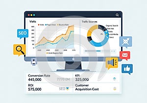 Analytics dashboard on a computer screen displaying data visualizations. On the left, a line graph