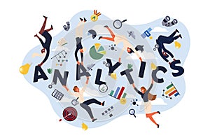 Analytics experts, economists, analysts making KPI presentations, representing information in charts, diagrams banner