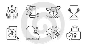 Analytics graph, Piano and Award cup icons set. Meeting, Honeymoon cruise and Security lock signs. Vector