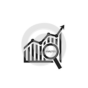 Analytics icon with magnifier. Magnifier graph concept. Analysis icon flat style. Vector