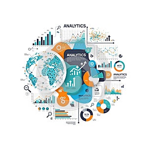 Analytics infographic with charts, graphs, and data visualization elements