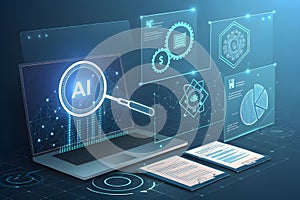 Artificial intelligence analysis with laptop data visualization and financial diagrams
