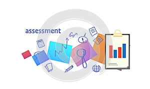 Analyze data report and consult assessment evaluation performance concept sketch doodle horizontal