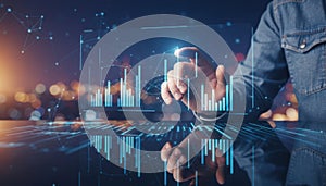 Analyzing business data with futuristic digital interface and charts