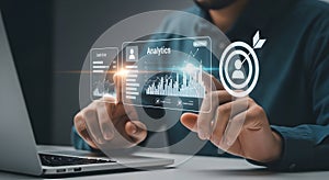 Analyzing Business Data: Man Interacting with Interactive Analytics Interface and Data Visualization